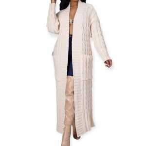 Ivory Long Sleeve Open Front Pockets Cable Knit Cardigan Sweater Jacket NEW